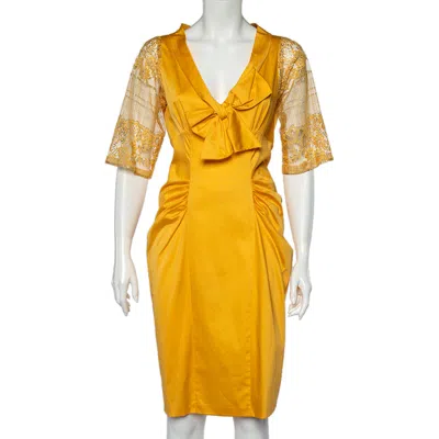 Moschino Yellow Cotton And Lace Sleeve Bow Detail Midi Dress