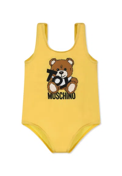 Moschino Yellow Swimsuit For Baby Girl With Teddy Bear And Black Logo