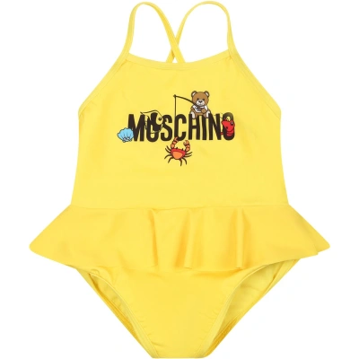 Moschino Yellow Swimsuit For Baby Girl With Teddy Bear And Marine Animals
