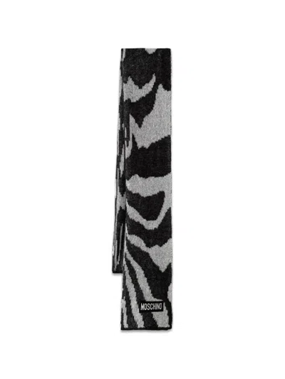 Moschino Zebra-pattern Logo-patch Scarf In Neutral