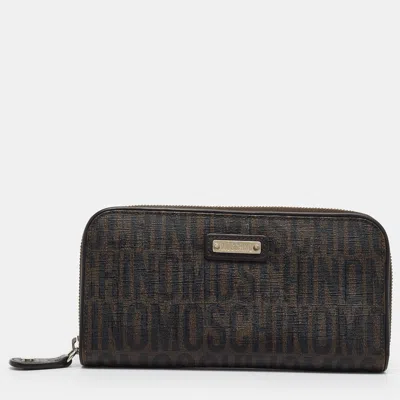 Pre-owned Moschino Zip Dark Brown Monogram Printed Coated Canvas Continental Wallet