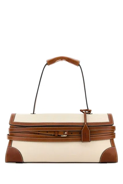Moschino -style Gold-tone Hardware Sand Canvas Shoulder Handbag In Beige O Tan