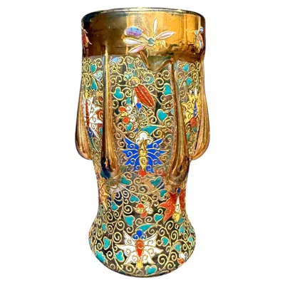 Pre-owned Moser Antique Bohemian Art Nouveau Enameled & Gilded Glass Insect Cabinet Vase In Brown