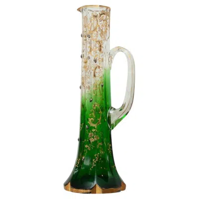 Pre-owned Moser Antique  Clear To Green Ewer With Ornate Gilding And Acorn Motifs