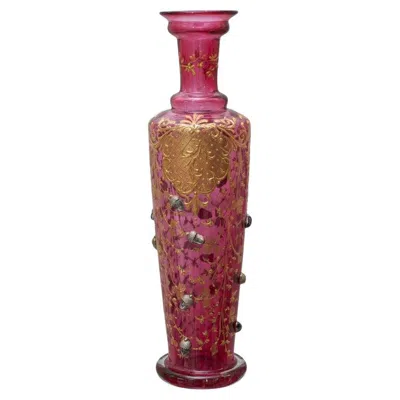Pre-owned Moser Antique  Cranberry Bud Vase With Ornate Gilding And Acorn Motifs In Brown