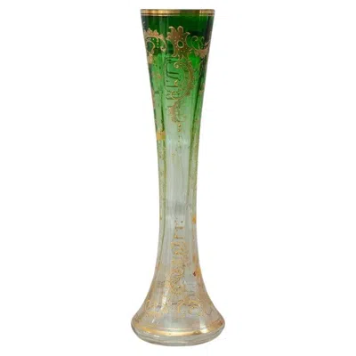 Pre-owned Moser Antique  Flared Emerald Green To Clear Crystal Vase With Ornate Gilding