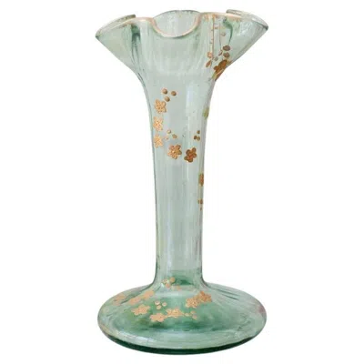 Pre-owned Moser Antique  Light Green Flared Bud Vase With Floral Gilding