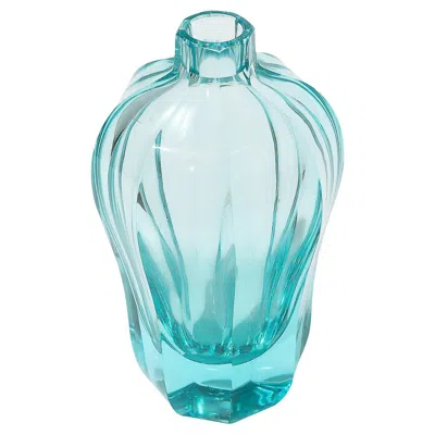 Pre-owned Moser Art Deco Faceted Cut Crystal Vase In Aquamarine Hue Signed  In Blue