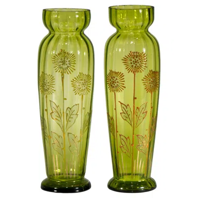 Pre-owned Moser Pair Of Antique Bohemian Green Glass Vases Enamel Gilt Attr , Strong Museum