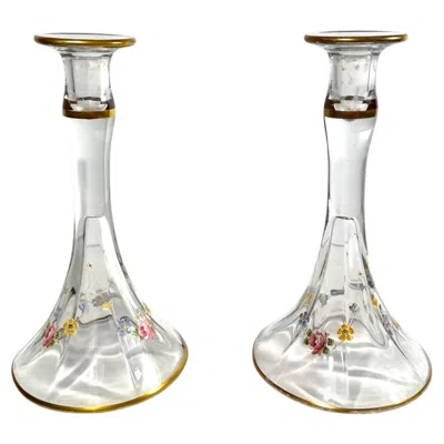 Pre-owned Moser Pair Of  Hand Blown Clear Crystal Candlesticks In Gray