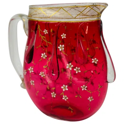 Pre-owned Moser Rare  Floral Enamel & Drip Decorated Cranberry Art Glass Pitcher In Red