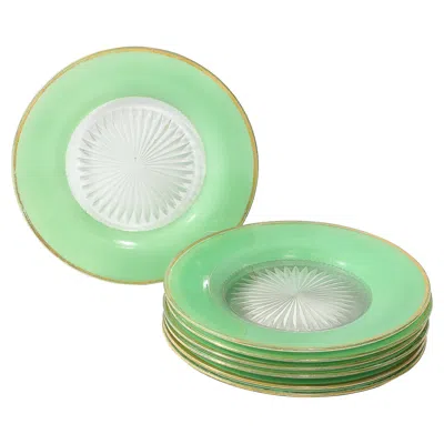Pre-owned Moser Set Of Six Art Deco Pressed Glass & Jade Porcelain Dessert Plates By  In Green
