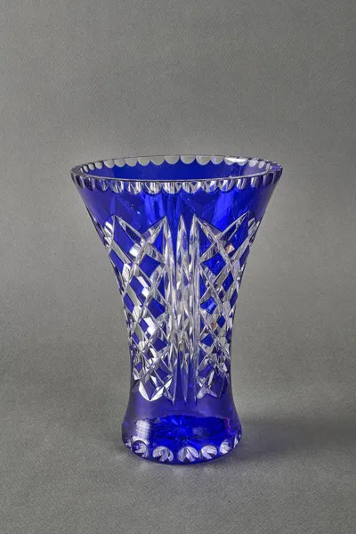 Pre-owned Moser Vintage Bohemian Cut Crystal Vase Blue Cut To Clear