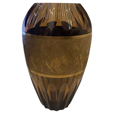 Pre-owned Moser Wonderful Antique  Art Glass Smoke Crystal Vase Roman Warriors Gold Band In Black