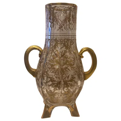 Pre-owned Moser Wonderful  Clear Art Glass Vase Raised Gold Gilt Hand Painted Enamel Urn In Brown