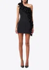Mossman Revelation One-shoulder Ruffled Mini Dress In Black