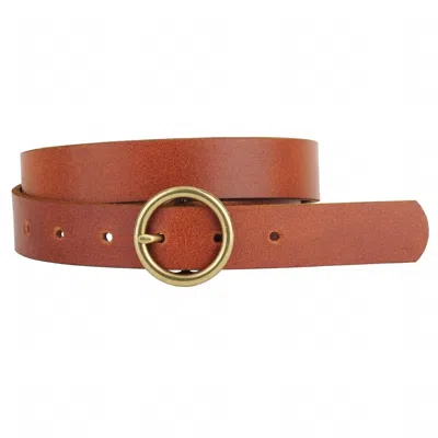 Most Wanted Women's Brass Toned Circle Buckle Leather Belt In Brown In Red