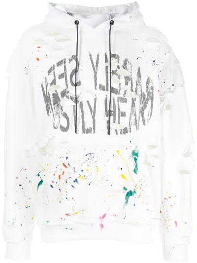 Mostly Heard Rarely Seen Distressed Paint-splattered Hoodie In White