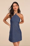 Motel Belinda Dark Blue Chambray Cotton Halter Mini Dress In Dark Blue