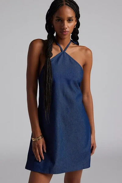 Motel Belinda Denim Y-neck Halter Mini Dress In Rinsed Denim, Women's At Urban Outfitters