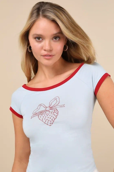 Motel Strawberry Motif Ringer Baby T-shirt In Blue And Red