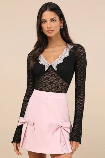 Motel Chantal Black And Pink Sheer Lace Long Sleeve Top