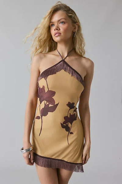 Motel Clooney Fringe Detail Floral Detail Mini Halter Dress In Brown