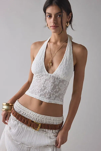 Motel Cosimo Jacquard Semi-sheer Lace Cropped Halter Top In Ivory, Women's At Urban Outfitters In White