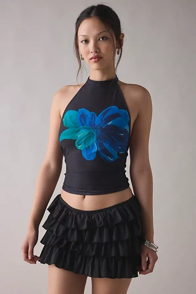 Motel Diana Watercolor Flower Mesh Open-back Halter Top In Black Watercolor Flower, Women's At Urban Outfi