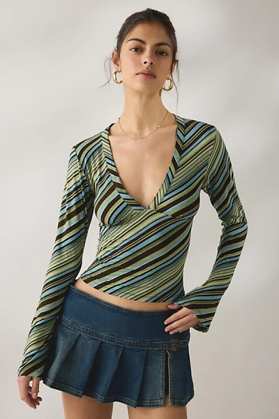 Motel Emesy V-neck Fluted Long Sleeve Top In Green, Women's At Urban Outfitters
