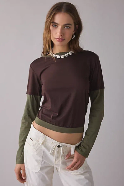 Motel Enidy Layered Long Sleeve Tee In Dark Brown, Women's At Urban Outfitters In Multi
