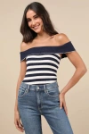 Motel Falea Navy Striped Ribbed Off-the-shoulder Top In Navy