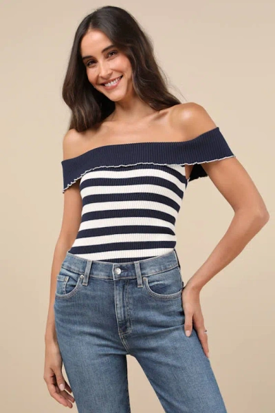 Motel Falea Navy Striped Ribbed Off-the-shoulder Top
