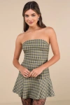 Motel Hadia Yellow Plaid Strapless Drop Waist Mini Dress In Yellow