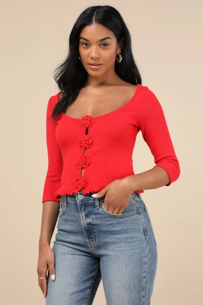 Motel Harpan Red Ribbed Rosette Crop Top