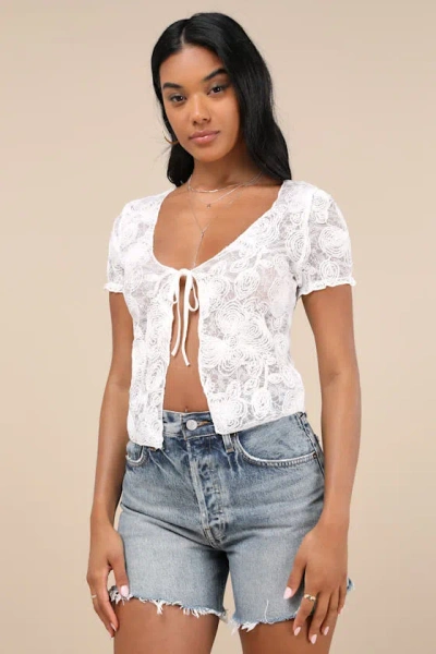 Motel Hillary White Mesh Textured Floral Short Sleeve Tie Top