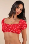 Motel Imuna Red Anchor Print Off-the-shoulder Crop Top In Red