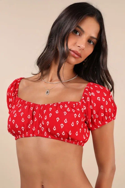 Motel Imuna Red Anchor Print Off-the-shoulder Crop Top