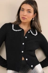 Motel Jaiko Black Collared Lace Flower Button Cardigan In Black
