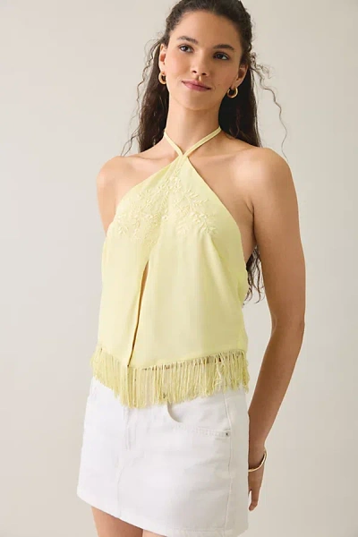 Motel Junaya Floral Embroidered Fringe Halter Top In Yellow, Women's At Urban Outfitters