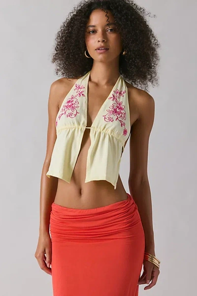 Motel Kayria Floral Embroidered Open Tie-back Halter Top In Yellow, Women's At Urban Outfitters