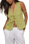 Motel Kayve Eyelet Embroidered Tie Front Cotton Top In Green