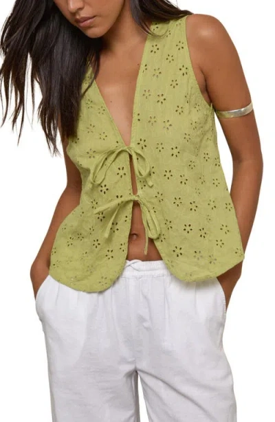 Motel Kayve Eyelet Embroidered Tie Front Cotton Top In Green