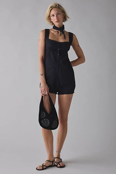 Motel Kenna Button-front Cotton Babydoll Romper In Black, Women's At Urban Outfitters