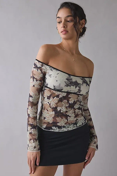 Motel Laluna Sheer Lace Long Sleeve Off-the-shoulder Top In Silhouette Leaf Ivory, Women's At Urban Outfit In Black