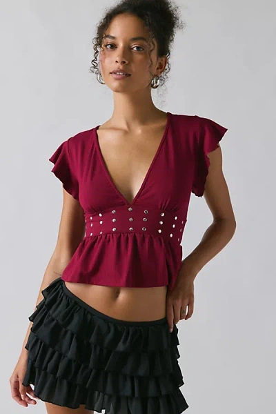 Motel Leisma Plunging Studded Frill Peplum Top In Berry, Women's At Urban Outfitters In Purple