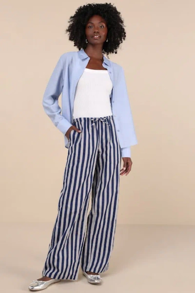 Motel Lirura Blue And Grey Striped Cotton Wide-leg Drawstring Pants