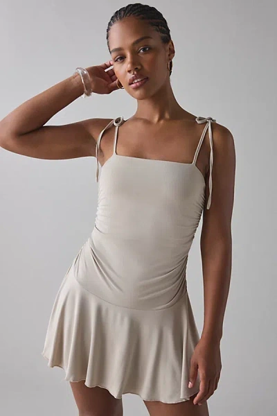 Motel Makani Ruched Drop Waist Mini Dress In Oatmilk, Women's At Urban Outfitters In Brown