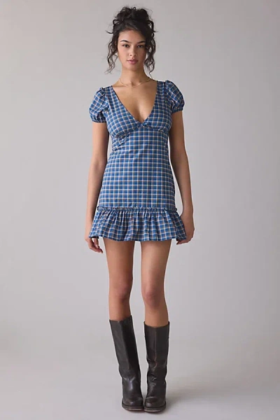Motel Marika Gingham Puff Sleeve Mini Dress In Gingham, Women's At Urban Outfitters In Blue