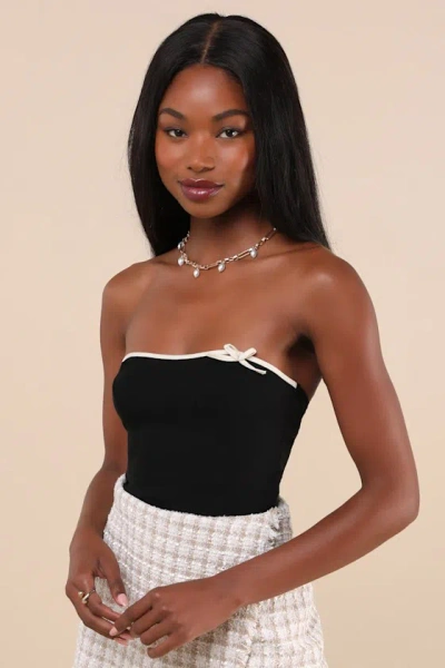 Motel Matuha Black And Cream Bow Strapless Crop Top